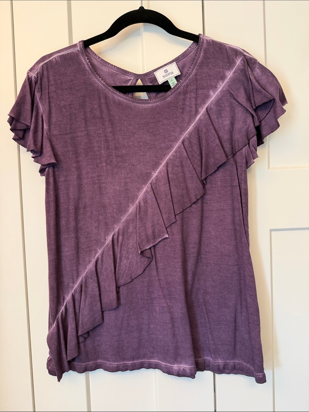Susina Purple Short-Sleeve Ruffle Diagonal Tee